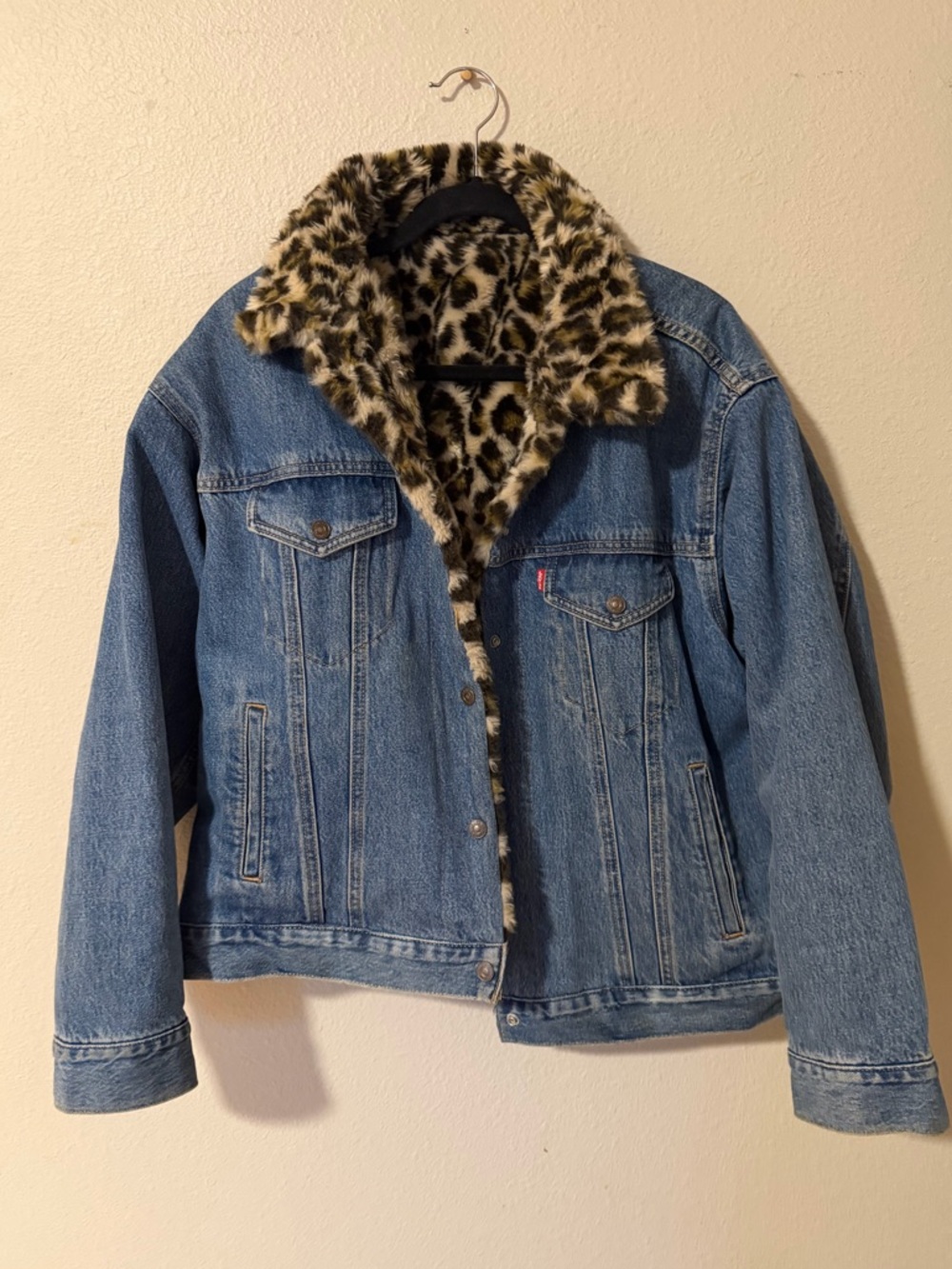 Levi’s Reversible Denim Faux Fur Coat in Brown and Black Leopard